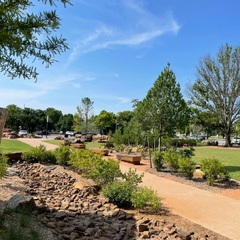 Landscaping at Unity Square taken from west of bathrooms facing south parking lot